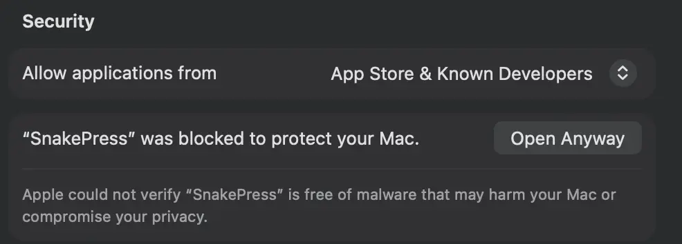 System Settings, Privacy & Security: SnakePress was blocked to protect your Mac, with the Open Anyway button